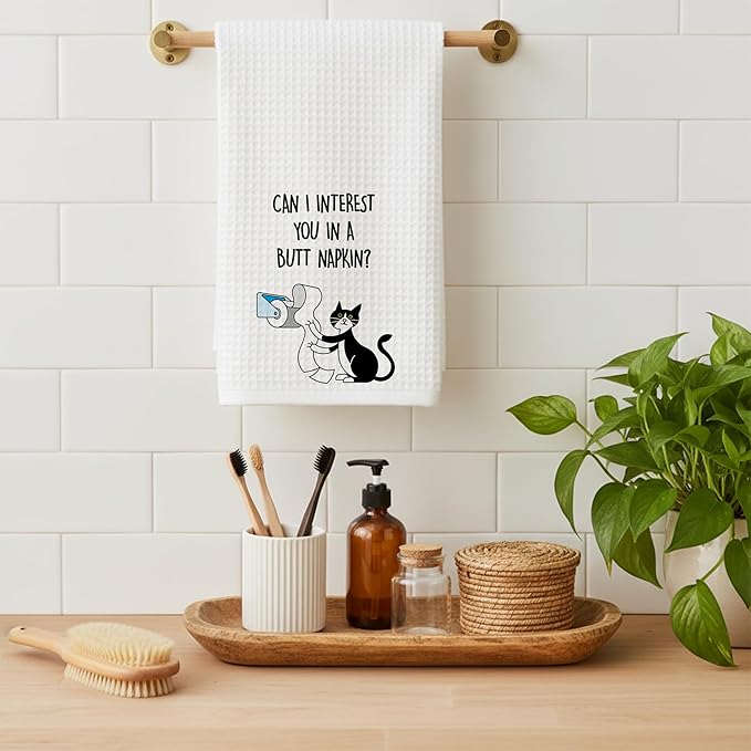 Cat Hand Towel, Funny Bathroom Kitchen Towels, Waffle Weave Microfiber Dish Cloth, Gift for Cat Lovers, Cute Kitty Tea Towel for Home