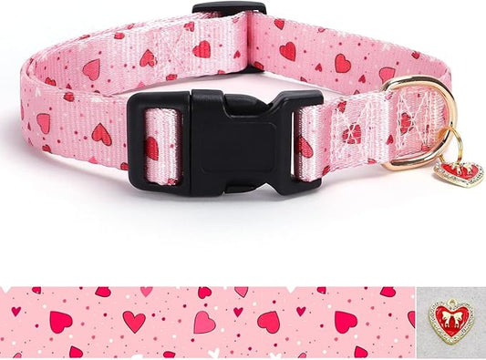 Love Pattern Dog Collar with Buckle Adjustable Safety Nylon Collars for Small Medium Large Dogs, Cute Stylish Girl Boy Christmas Dog Collar(Pink Heart,XS)