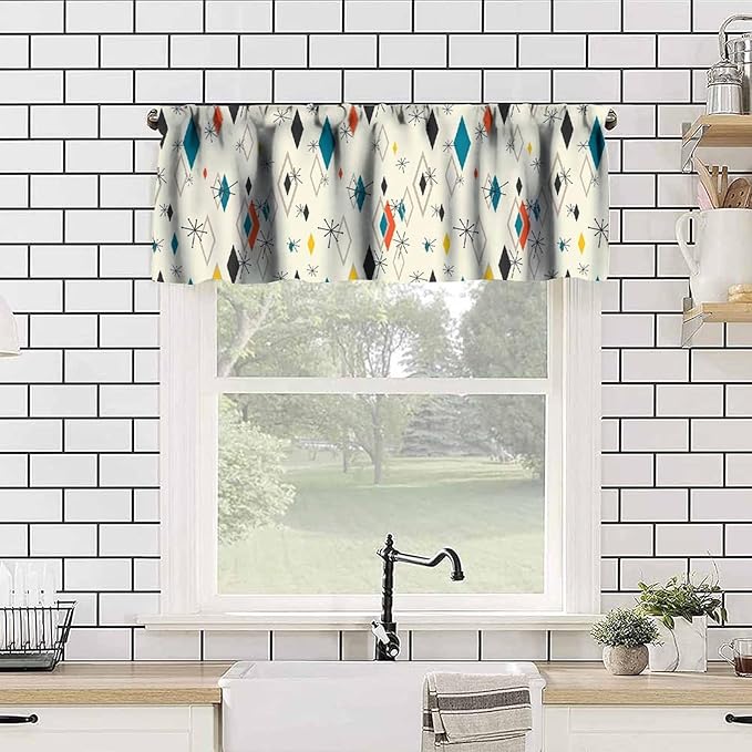 Mid Century Window Valance Curtains, Vintage Modern Abstract Geometric Pattern Retro Atomic Starburst 50s 60s Curtain Valance for Bedroom Living Room Kitchen 54x18inch