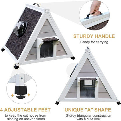 Deblue Weatherproof Cat House for Feral Cats, Outdoor Cat House for Small Cats, Unique Wooden Cat Shelter with Escape Door, Clear Window Fits for Small Pets - Grey