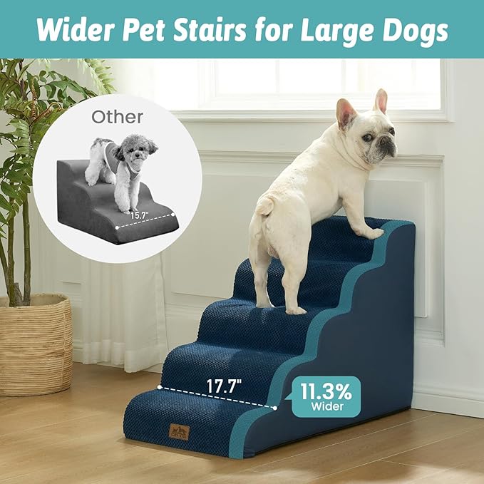 Wide Dog Stairs for Small Dog 22.6" H, Curved Pet Step for Puppy, Older Cat, Curved Ramp for High Bed or Car, Ladder with High Density Foam, Durable, 5 Step, 17.7x33x22.6 inch, Navy Blue