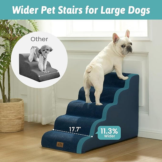 Wide Dog Stairs for Small Dog 22.6" H, Curved Pet Step for Puppy, Older Cat, Curved Ramp for High Bed or Car, Ladder with High Density Foam, Durable, 5 Step, 17.7x33x22.6 inch, Navy Blue