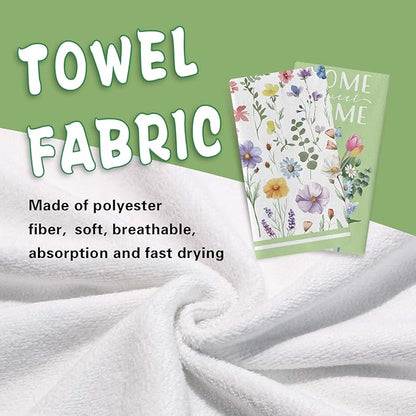 Spring Summer Floral Kitchen Dish Towels Set of 2, Green Floral Home Sweet Home Drying Hand Towel Baking Cooking Cloth, Wildflower Mason Jar Family Bathroom Decoration 18'' x 26''