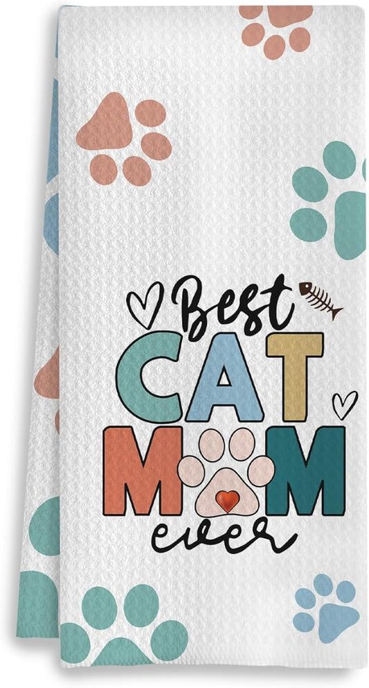 Best Cat Mom Ever Kitchen Towels, Cat Mom Lady Lover Gifts for Women, Cute Kitty Kitten Paw Decorative Dish Tea Hand Towels for Kitchen Bathroom, 16x24 Inches(Style D)