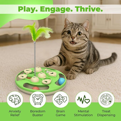 Cat Puzzle Toys Games Level 3 in 1 with Track Balls, Feather Teaser & Treat Feeder | Non-Slip Base | Mental Stimulation Enrichment for Indoor Cat, Dogs | Kitty Gift, Green
