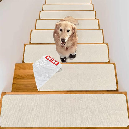 Nonslip Stair Treads Wooden Steps, 15 PCS 30" x 8" Safety Rug Slip Resistant Runner with Reusable Adhesive, Carpet Landing Mat for Family Elders Pets Soft Stair Mats Indoor (White)