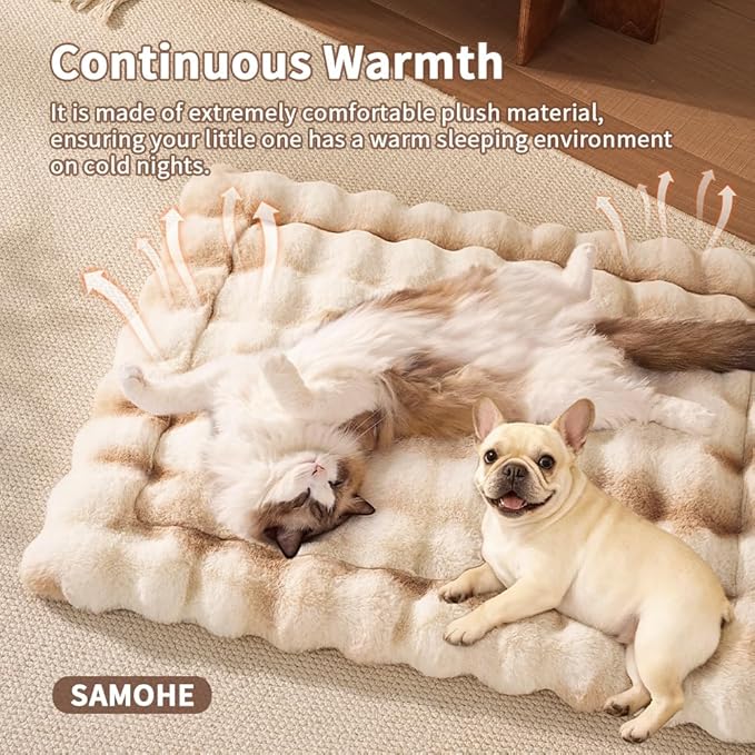 Cat Bed, Plush Faux Fur Kneading Flat Mat - Machine Washable Fluffy Pet Bed for Indoor Cats, Non-Slip Small Kitten Bed, Therapeutic Knead Cat Mat for Couch & Window Sill, 23"×15" Inch,Camel