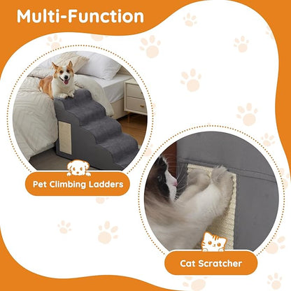 Dog Stairs for Small Dogs, 4-Step Dog Ramp for Bed 19.7" H, Dogs Steps for Bed, Couch, Pet Stairs with Non-Slip Bottom Design, Cat Scratching, High Density Foam Portable Pet Steps, Indoor, Grey