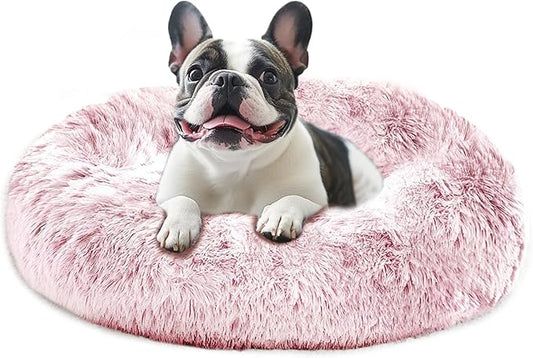JOLLYVOGUE Calming Dog Beds Large Sized Dog, 36in Donut Washable Large Pet Bed, Anti-Slip & Anti-Anxiety Fluffy Faux Fur Round Dogs Bed, Fits up to 80 lbs Pets (Smoke Pink)