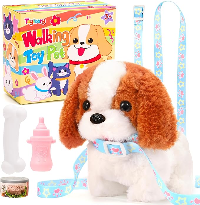 Tagitary Plush Toys Puppy Electronic Toy Walking and Barking Dogs,Tail Wagging Fake Dog Interactive Dog Toy for Kids with Leash,Easter Christmas Birthday Gift for Toddlers Kids
