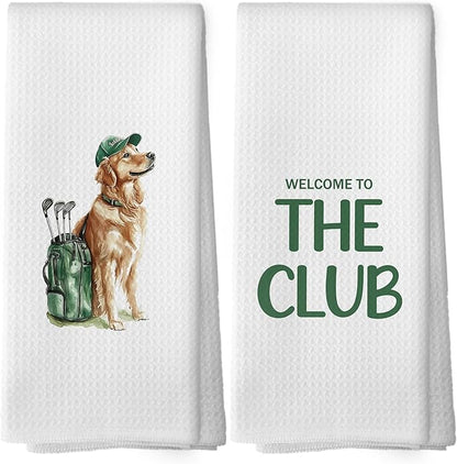 Golf Dog Kitchen Towels - Golden Retriever Dish Towels, Sports Gifts, Pet Golf Club Decorative Absorbent Dishcloths Hand Towels Set of 2 for Kitchen Gym Spa Decor 16x24 Inches