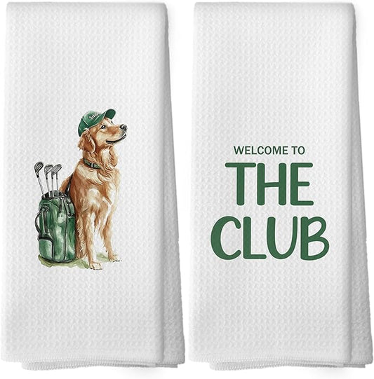Golf Dog Kitchen Towels - Golden Retriever Dish Towels, Sports Gifts, Pet Golf Club Decorative Absorbent Dishcloths Hand Towels Set of 2 for Kitchen Gym Spa Decor 16x24 Inches