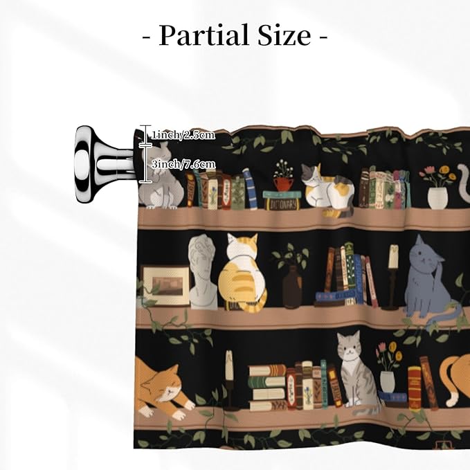 Bookshelf Cat Curtain Valance Short Rod Pocket Window Treatment for Living Room Bedroom Kitchen Bathroom 1 Panel 54" W x 18" L