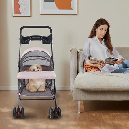 Pet Stroller for Small Medium Dogs Cats, Lightweight Foldable Pet Wagon with 360° Front Wheels & Brake, 40 lbs Capacity Carrier for Park Travel Shopping, Breathable Mesh Basket (Pale Pinkish Grey)