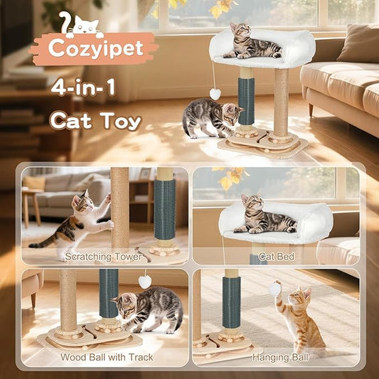 Scratching Post with Bed for Indoor Small Kittens, 4 in 1 Cat Tree with Self Groomer, Track Balls, Natural Sisal Cat Tower with Interactive Toy