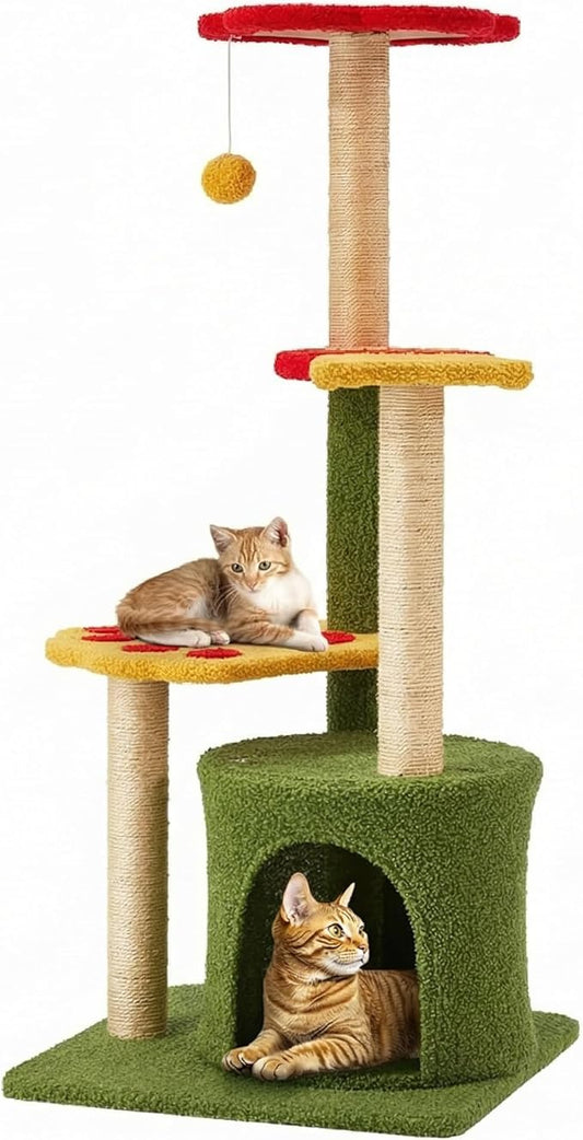 Flower Cat Tree 37in Cute Cat Tree Tower for Indoor Cats with 3 Sisal Covered Scratching Posts, Cozy Tower Condo, Padded Top Perch Green Fun Cat Tree Kitty Condo Cat Furniture for Indoor Cats