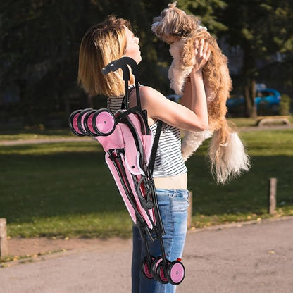Umbrella Dog Stroller, Foldable Pet Stroller for Small Dogs Cats, 4 Wheels Pet Strolling Cart with Carrying Strap and Cup Holder, Breathable and Visible Mesh, Dog Poop Bags & Dispenser (Pink)