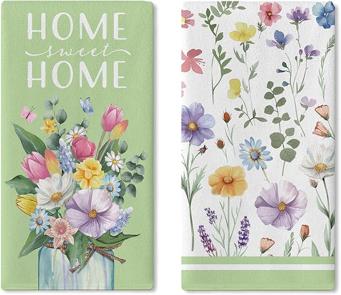 Spring Summer Floral Kitchen Dish Towels Set of 2, Green Floral Home Sweet Home Drying Hand Towel Baking Cooking Cloth, Wildflower Mason Jar Family Bathroom Decoration 18'' x 26''