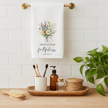 Christian Kitchen Towel, Waffle Weave Microfiber Scripture Hand Towel, Great is Your Faithfulness Bible Verse Farmhouse Decor for Kitchen Bathroom, Inspirational Gift for Women