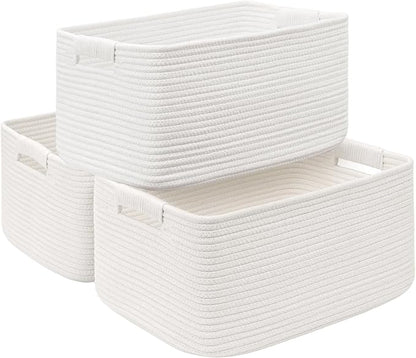 3 Pack Large Storage Basket for Organizing, 17.5"x13"x7" Woven Basket for Shelves, Closet Cube Storage Bins with Wrapped Handle, Cotton Rope Baskets for Kitchen, Clothes, Toys(Off White)