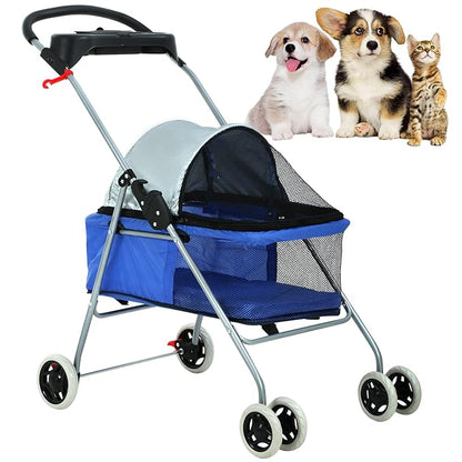 HKLGorg Dog Stroller Pet Stroller for Medium Small Dog Cat Foldable Pet Stroller with 4 Wheels Soft Pad Cat Stroller Folding Stroller Pet Gear Dog Stroller (Blue)