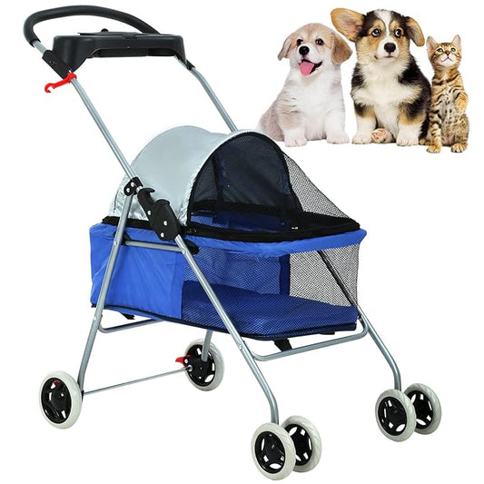 HKLGorg Dog Stroller Pet Stroller for Medium Small Dog Cat Foldable Pet Stroller with 4 Wheels Soft Pad Cat Stroller Folding Stroller Pet Gear Dog Stroller (Blue)