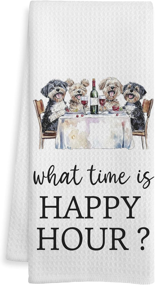 Funny Dog Gift Kitchen Towels, Dog Gifts for Women Men Dish Tea Towel, What Time is Happy Hour Hand Towels for Kitchen Dining Room Decor, 16x24 Inch