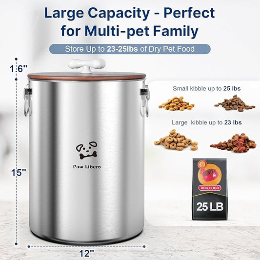 25 Lbs Stainless Steel Dog Food Storage Container with Airtight Wooden Lid & Ceramic Bone Handle, Large Metal Dog Food Bin for Dogs & Cats, Keep Fresh, Easy to Clean