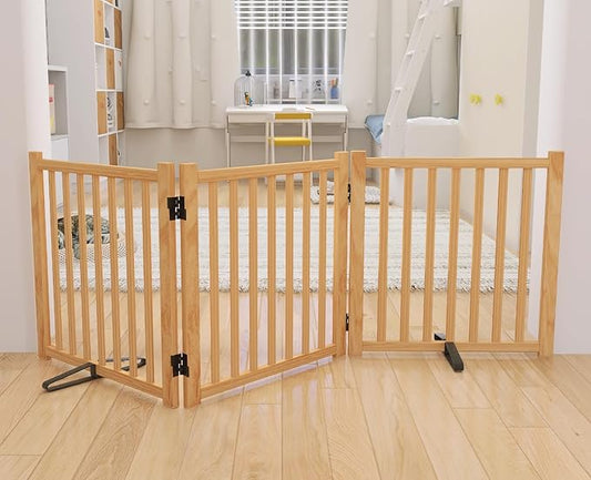 YOCAN Paint-Free Wooden Freestanding Dog Gates for The House,Doorways, Stairs,Wood Dog Fences Indoor Pet Gate,Step Over Fence-3 Panels L:69" H:23"