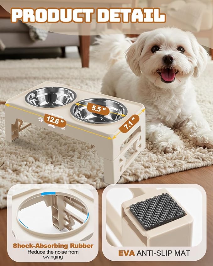 Elevated Dog Bowls for Small Dogs and Cats, Dog Feeder with 2 Thick 5.5" Stainless Steel Dishes, Non-Slip 2 Heights Adjustable to 2.6"-5.3"