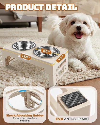 Elevated Dog Bowls for Small Dogs and Cats, Dog Feeder with 2 Thick 5.5" Stainless Steel Dishes, Non-Slip 2 Heights Adjustable to 2.6"-5.3"