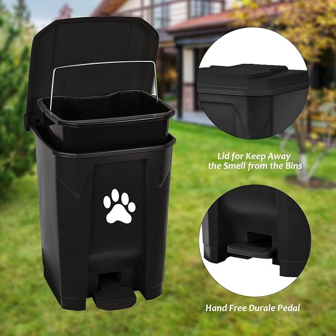 tebiete Dog Poop Trash Can Outdoors Pet Waste Station with Lid Dog Waste Disposal Container with Removable Inner Bin Bucket Hands-Free Pedal Garden Yard Home with Waste Bags, Black