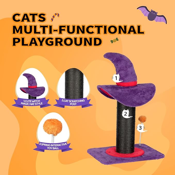 VINGLI 23.7in Wizard Hat Cat Scratching Post with Spring Ball Toy for Indoor Cats, Halloween Cat Scratcher with Purple Wizard Hat Design, Sisal Wrapped Cat Scratcher