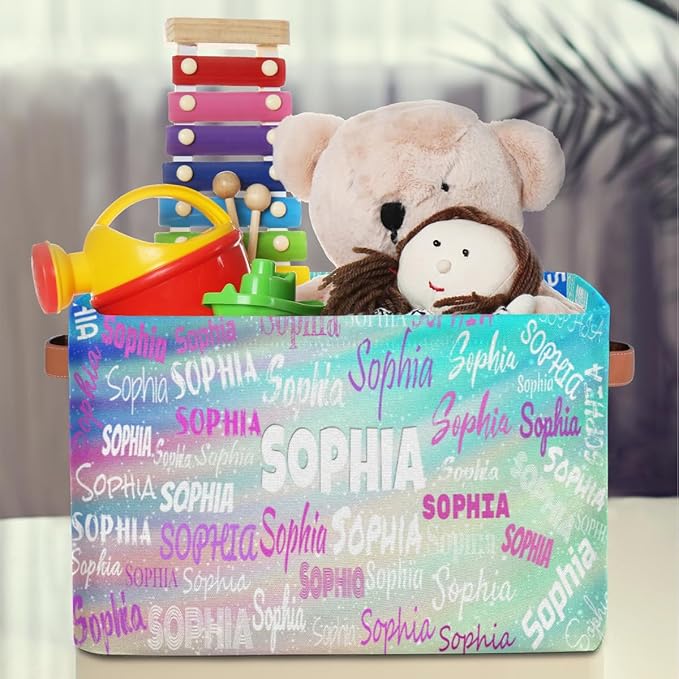 Personalized Kids Toy Box with Name, Custom Nursery Baskets Cubes Box, Kids Custom Storage Basket Laundry Baskets Organizer with Handles, Gradient Green Color Galaxy