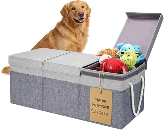 Extra Large Dog Toy Basket With Lid, Foldable Dog Toy Box for Living Room Area, 29.5" Basket for Dog's Toys, Clothes, Organizers and Storage with Hard Board, Anti-slip for Pet Supplies