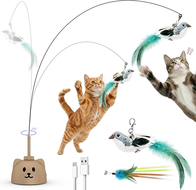 CATPICK Interactive Cat Toys for Indoor Cats - Automatic Flying Bird Feather Toy, USB Rechargeable Electric Cat Teaser with Strong Sticky Base, Smart Motion Self-Play Toy for Bored Cats(Brown)