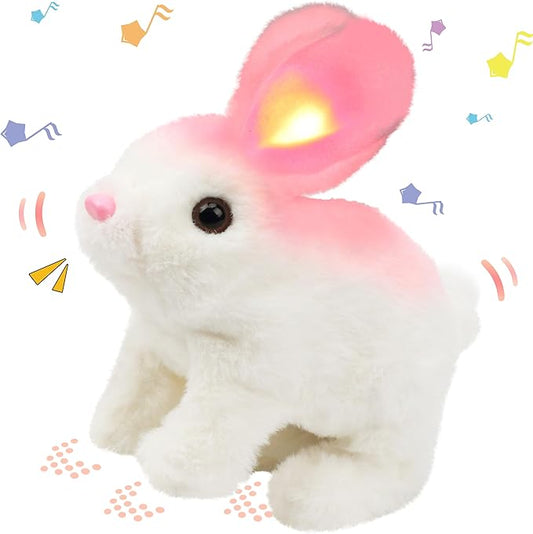 Hopearl Hopping Rabbit with LED Ears Interactive Electronic Pet Plush Bunny Toy with Sounds and Movements Animated Walking Wiggle Light up Ears Twitch Nose Gift for Toddlers Birthday, White, 7''