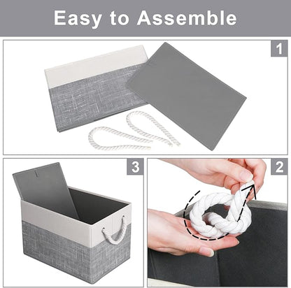 Fab Totes Foldable Storage Baskets - 6-Pack, Organize Toys, Books, Shelves, Closet - Large Storage Box with Rope Handles, Sturdy White & Grey Bins