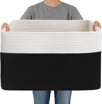 Woven Blanket Basket,96L Large Storage Bin for Blankets Toys Clothes,Decorative Rope Basket for Living Room Bedroom with Handles, White&Black