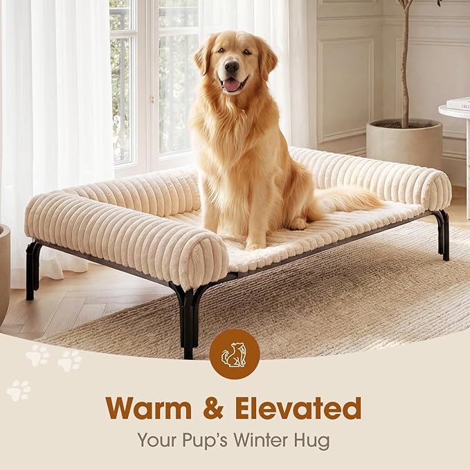 Elevated Dog Bed with Removable Bolster Cushion Mat, Raised Pet Cot for Extra Large Sized Dogs with Breathable & Washable Mesh, Indoor & Outdoor Pet Hammock with Skid-Resistant Feet.