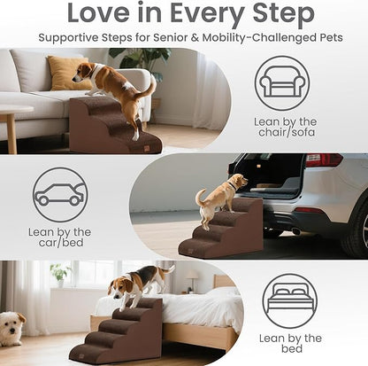 gogobunny Ramp Cat Dog Stairs for Beds, Cat Slope Stairs with Durable Waterproof Fabric Cover, Pet Steps for Old Large Dogs Climbing (Brown, 5-Step (33" D x 15.7" W x 22.6" H), 5.0)