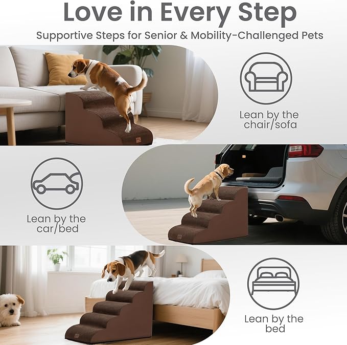 GoGoBunny Ramp Dog Stairs for Couch Sofa and Chair 15.7" H, 3-Step Pet Steps for Small Dogs and Cats, Non-Slip Waterproof Fabric Cover, Stable and Balanced Indoor Step, Pets Friendly, Brown