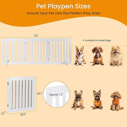ZENY 24 Inch Pet Dog Gate, Foldable Freestanding Dog Door 3 Panel, White Wooden Z Shape Step Over Pet Fence for Entryway, Stairs, Doorway, White