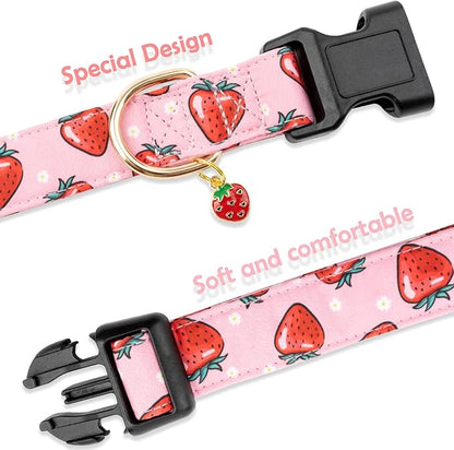 Faygarsle Pink Strawberry Pattern Cotton Dog Collar for Small, Medium, Large Boys Girls Dogs XS