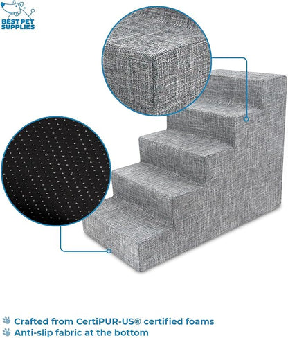 Best Pet Supplies Dog Stairs & Steps - Foam Steps for Small Dogs & Cats, Non-Slip Indoor Balanced Pet Step Support, Dog Ramp, No Assembly, Ash Gray Linen, 5-Step (22.5-inch Height)