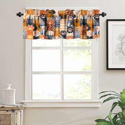 Paw Valances Curtain for Kitchen, Cute Feline Raising Hands While Showing Paw Window Treatment Valances Short Curtains Rod Pocket Drape for Dining Room Home Farmhouse Decor, 54x18inch