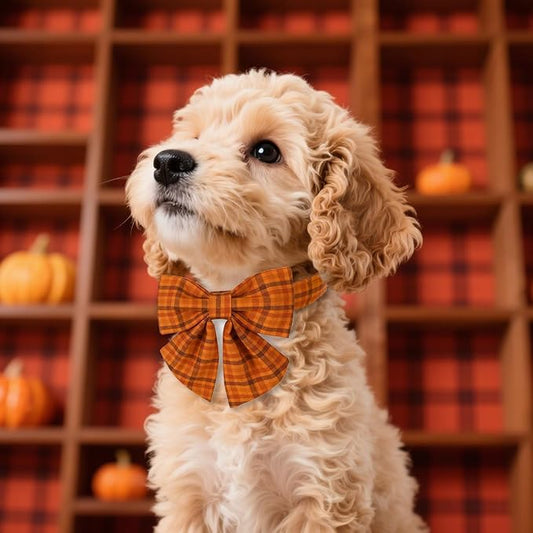 Maca Bates Fall Pumpkin Plaid Dog Collar with Sailor Bow Tie for Extra Large Girl,Boy,Autumn Checkered Puppy Collars with Bowtie,Halloween Gingham Print Adjustable Breakaway Soft for Male Female Dogs