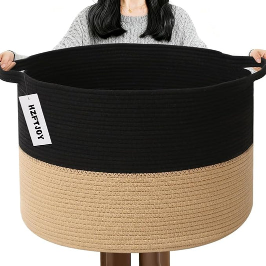 65L Large Blanket Basket,19.7" L x 19.7" W x 13" H Rope Woven Baskets with Handles, Toys Storage Bins,Laundry Basket Perfect for Living Room, Nursery,Bedroom,Home Organization,Black&Camel