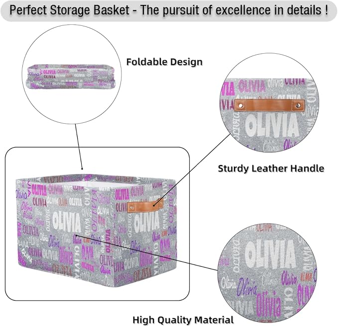 Custom Name Storage Bin, Personalized Rectangular Storage Basket with Handles for Organizing Boys Girls Toys Office Closet Shelf Baskets, Silver Glitters Print