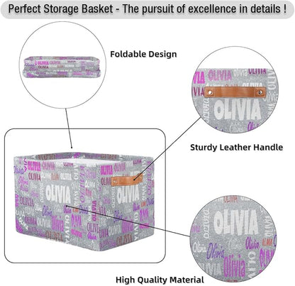 Custom Name Storage Bin, Personalized Rectangular Storage Basket with Handles for Organizing Boys Girls Toys Office Closet Shelf Baskets, Silver Glitters Print